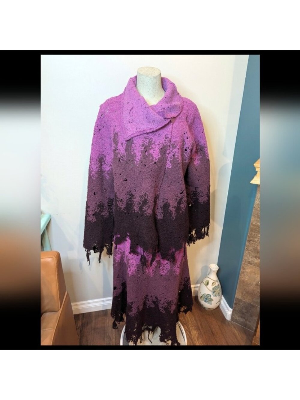 Simon Chang Vintage Designer Avant Garde Wool Skirt & Sweater Set Purple Sz L